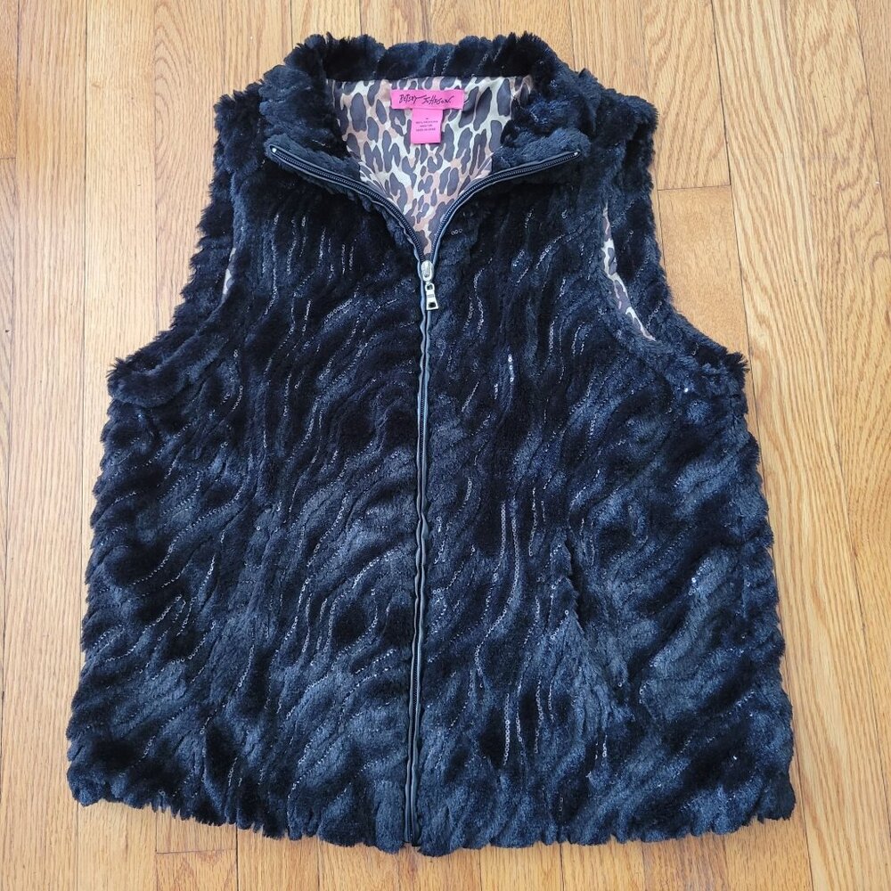 Betsey‎ Johnson M Black Faux Fur Vest Sequins Pockets Leopard Print Zip Up